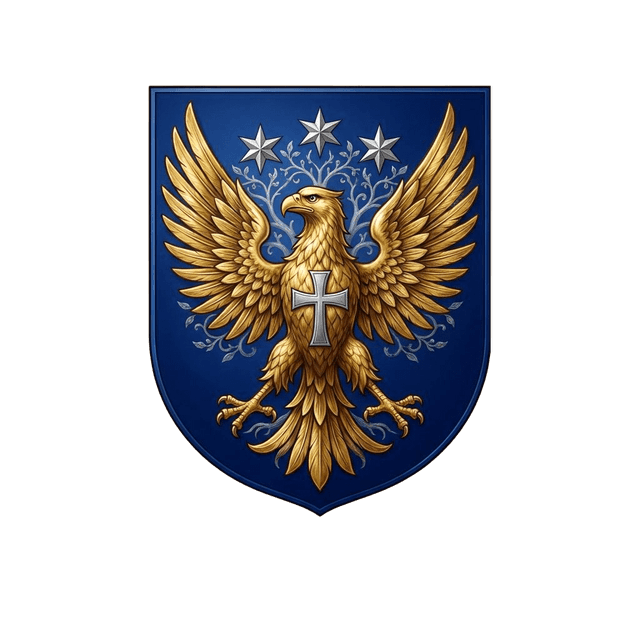 Brasão heráldico da Família Solutchak: águia dourada em campo azul com cruz de prata e três estrelas representando três gerações